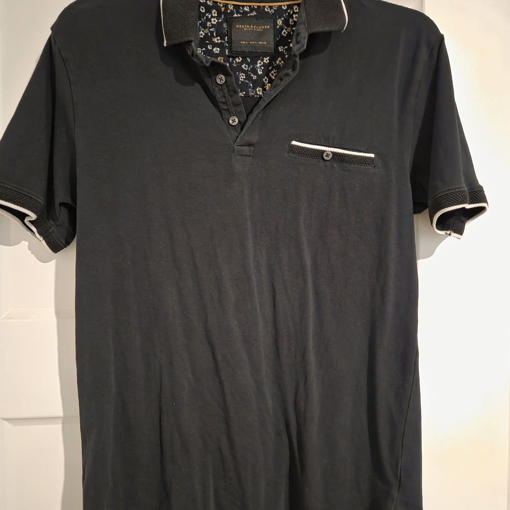Denim & Flower Black Polo Shirt with White Accents
